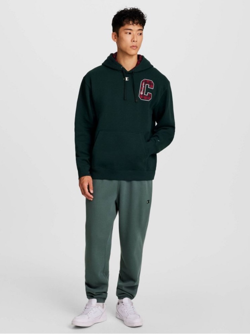 Champion Forest Green Hoodie with Maroon Letter Patch